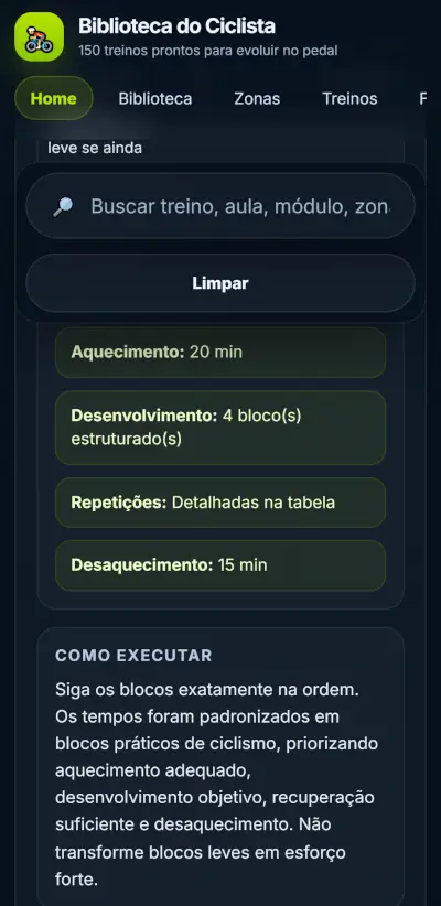 Resumo da estrutura do treino com aquecimento e desenvolvimento