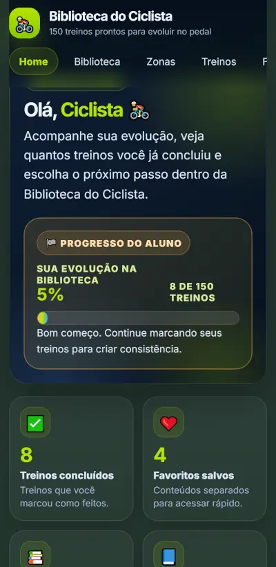 Tela inicial da Biblioteca do Ciclista com progresso do aluno