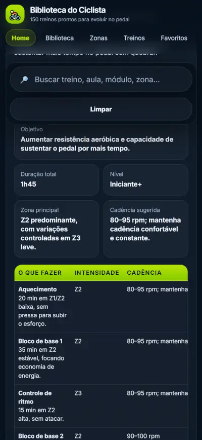Treino detalhado com objetivo, duração e tabela de execução