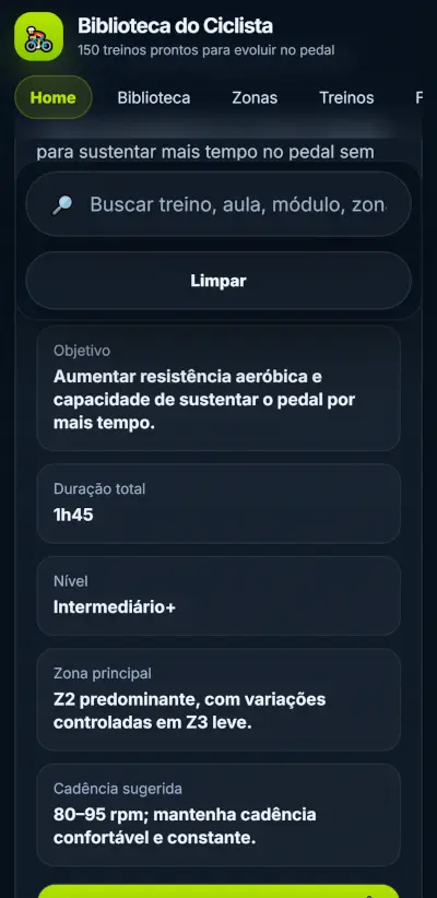 Detalhes do treino com zona principal e cadência sugerida